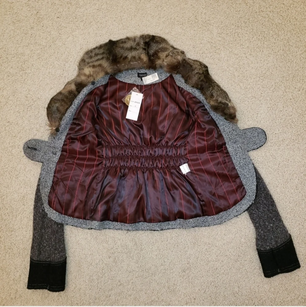 Fantazia Tweed Jacket with Fur Collar Size Small Black & Gray NWT
